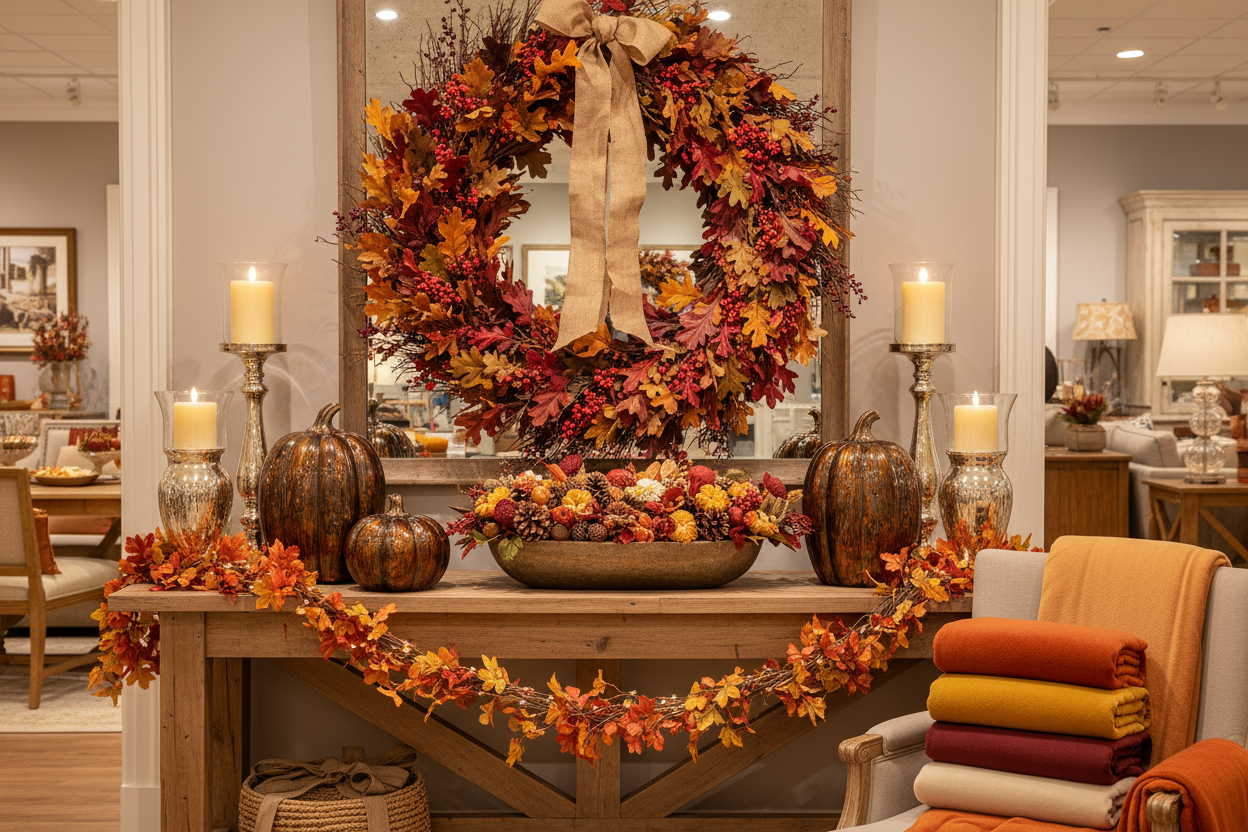 MAKE A PICTURE FOR A DECOR STORE THAT SELLS HOLIDAY DECOR MAKE IT FALL THEME